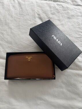 Prada Brown Saffiano Zip-Around Wallet with Gold Logo